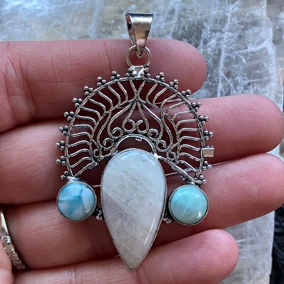 Rainbow Moonstone and Larimar Pendant Stone Crystal Jewelry - Picture 1 of 9
